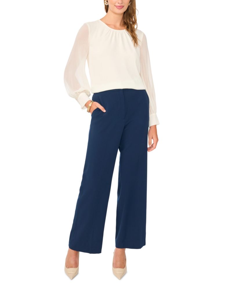 Women's Gathered Crewneck Long-Sleeve Chiffon Blouse