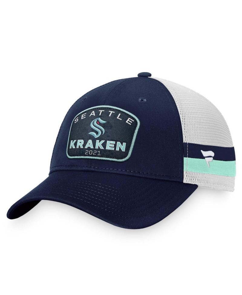 Men's Deep Sea Blue, White Seattle Kraken Fundamental Striped Trucker Adjustable Hat