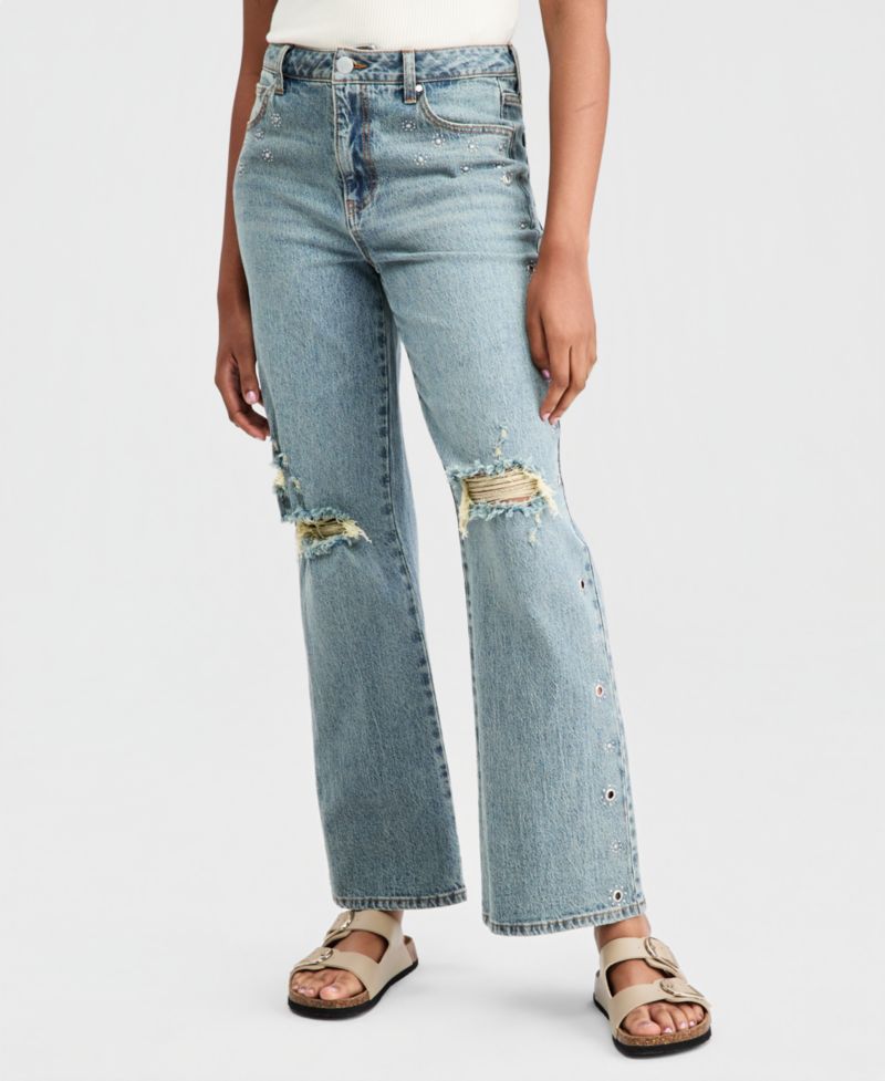 Petite High-Rise Distressed Embellished Straight-Leg Jeans