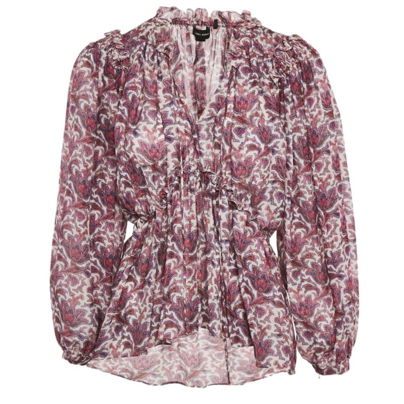 Women's Purple Printed Silk Ruffle Detail Top