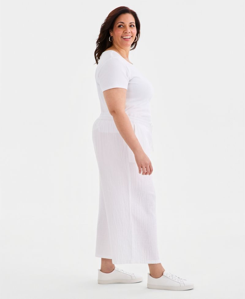 Plus Size Cotton Gauze Wide-Leg Cropped Drawstring Pants