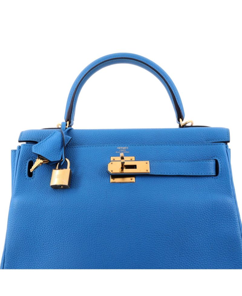 Pre-Owned Hermes Kelly 28 Handbag Blue Togo with Gold Hardware