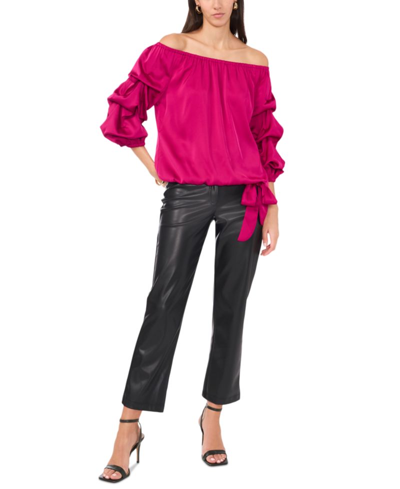 Women's Satin Off-The-Shoulder Bubble 3/4-Sleeve Tie-Front Blouse