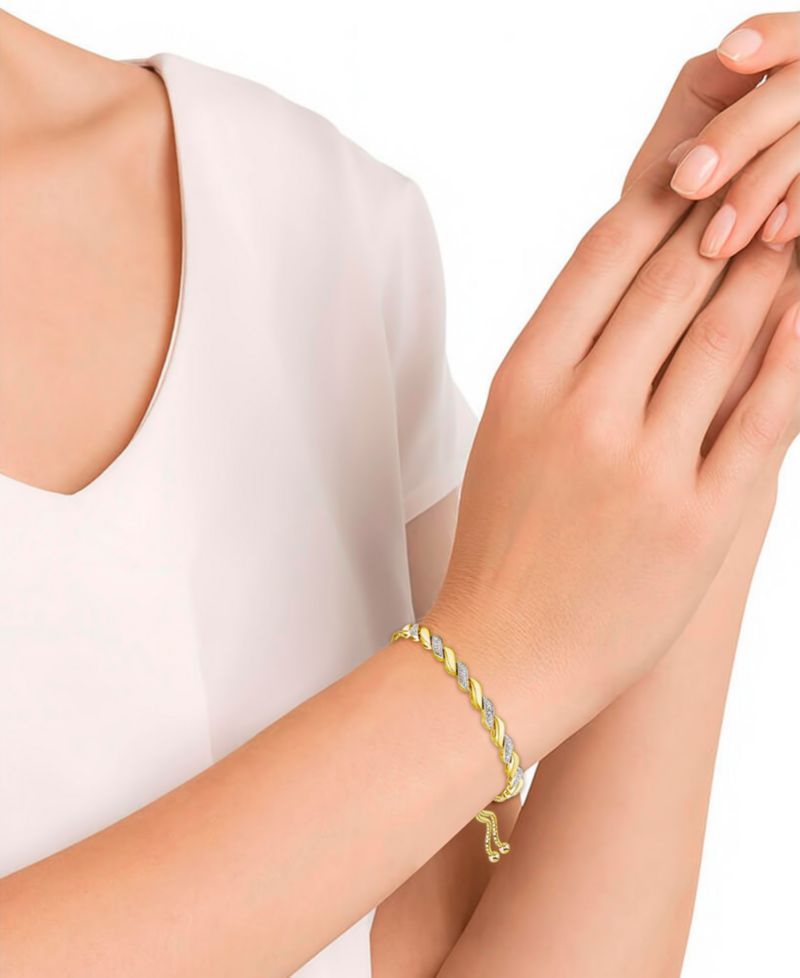 Diamond Accent San Marco Link Bolo Adjustable Bracelet in Silver Plate, Gold Plate or Rose Gold Plate