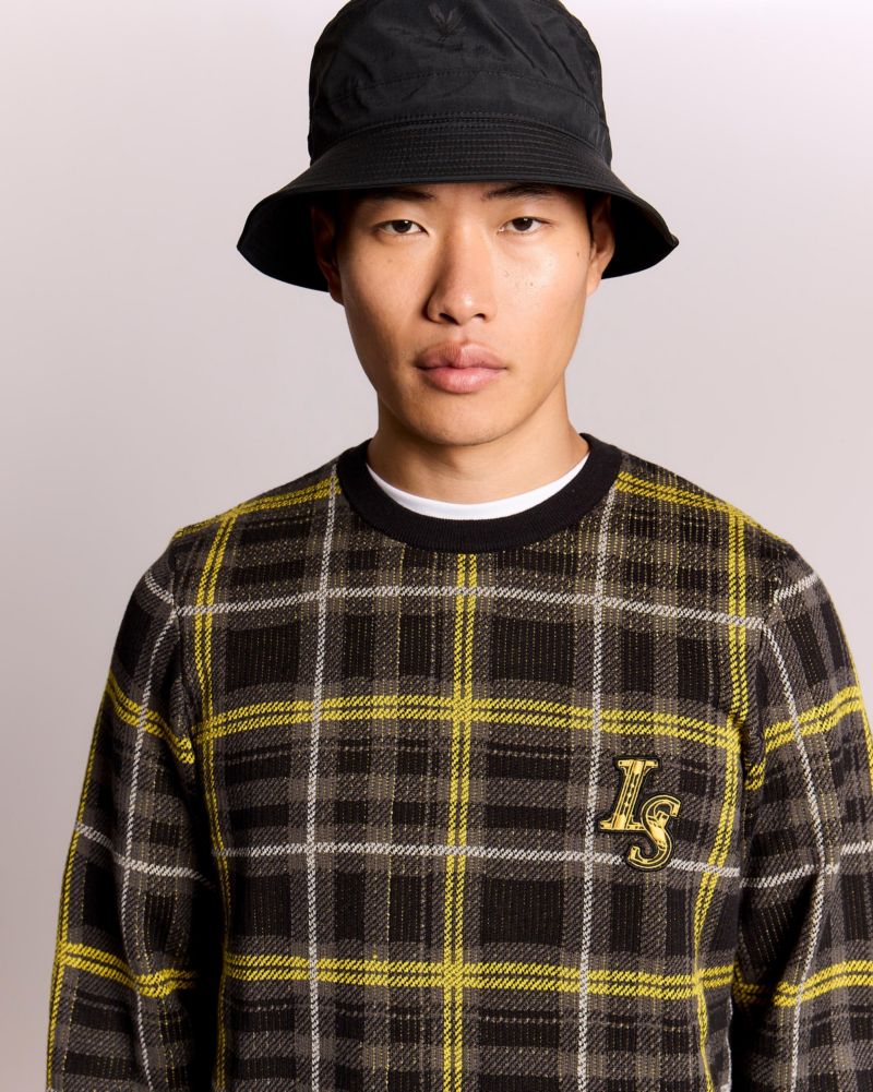 Men's Ribbed Jacquard Tartan Crew Neck