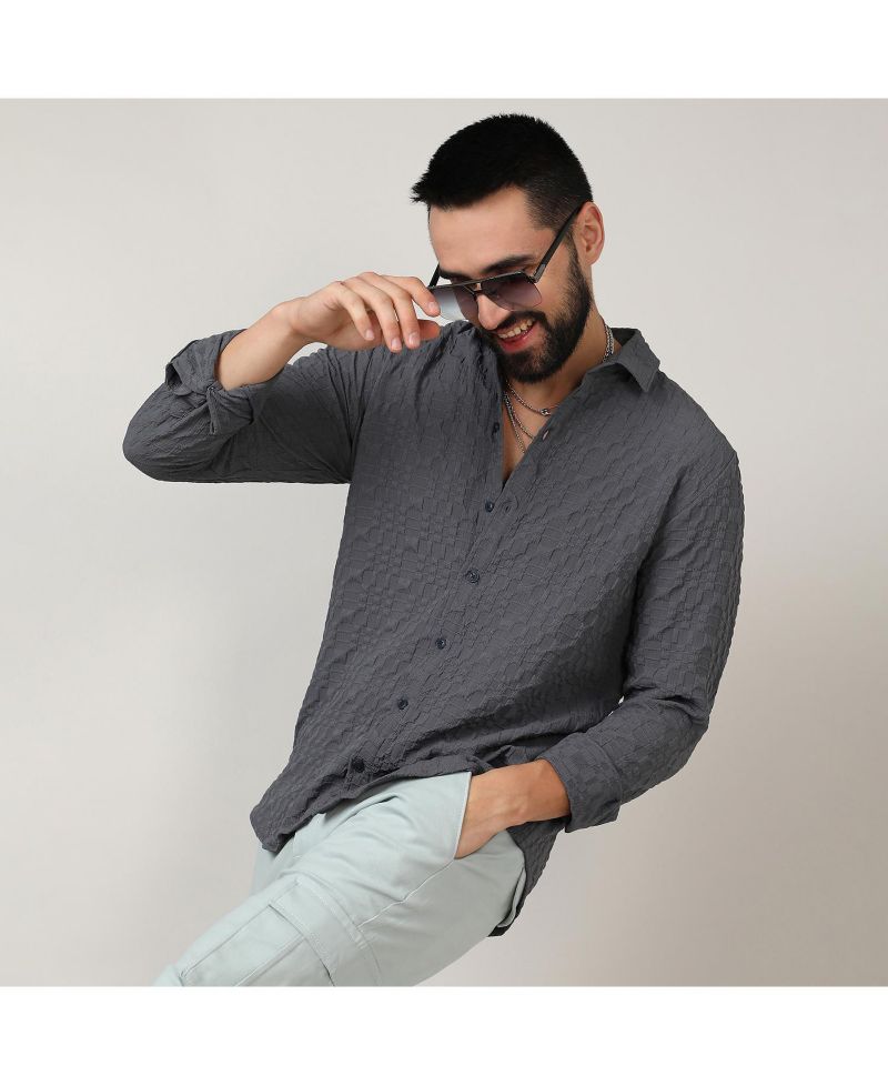 Men's Charcoal Grey Embossed Geometric Shirt