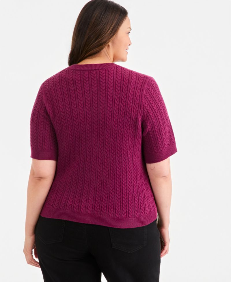 Petite Cable-Knit Short-Sleeve Crewneck Cardigan