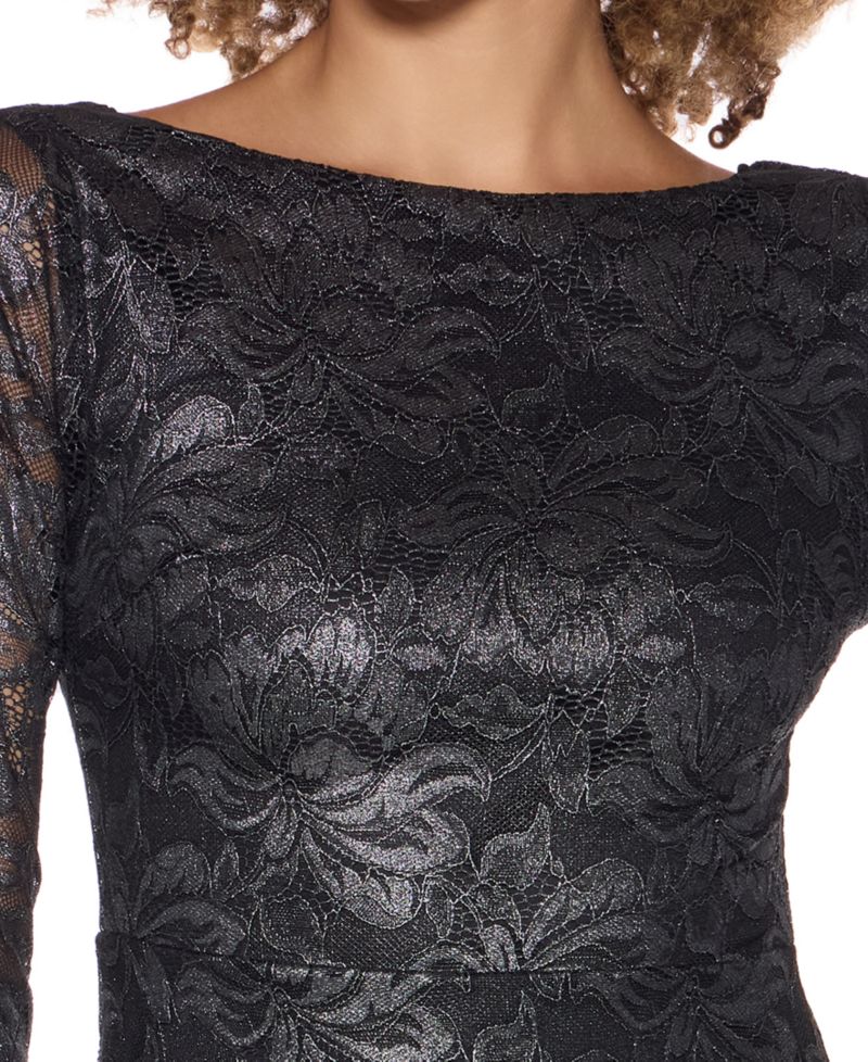 Juniors' Long-Sleeve Scoop Neck Foil Lace Mini Dress