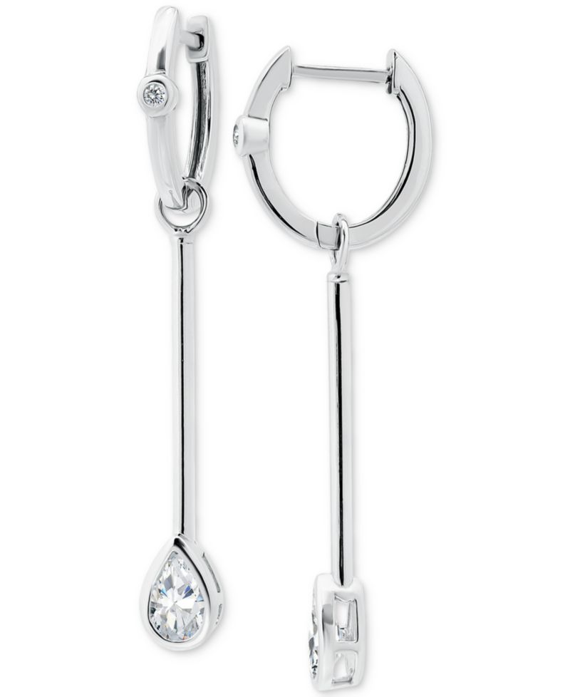Cubic Zirconia Pear Bezel Dangle Hoop Earrings in Sterling Silver