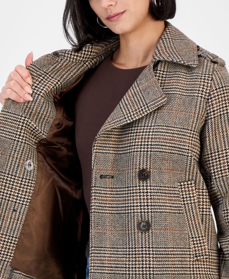 Juniors' Double-Breasted Plaid Notch-Collar Pea Coat