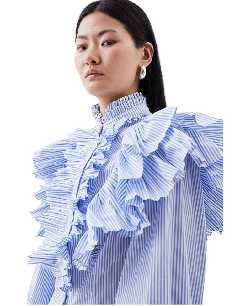 Women's Pleated Striped Ruffle Woven Shirt
