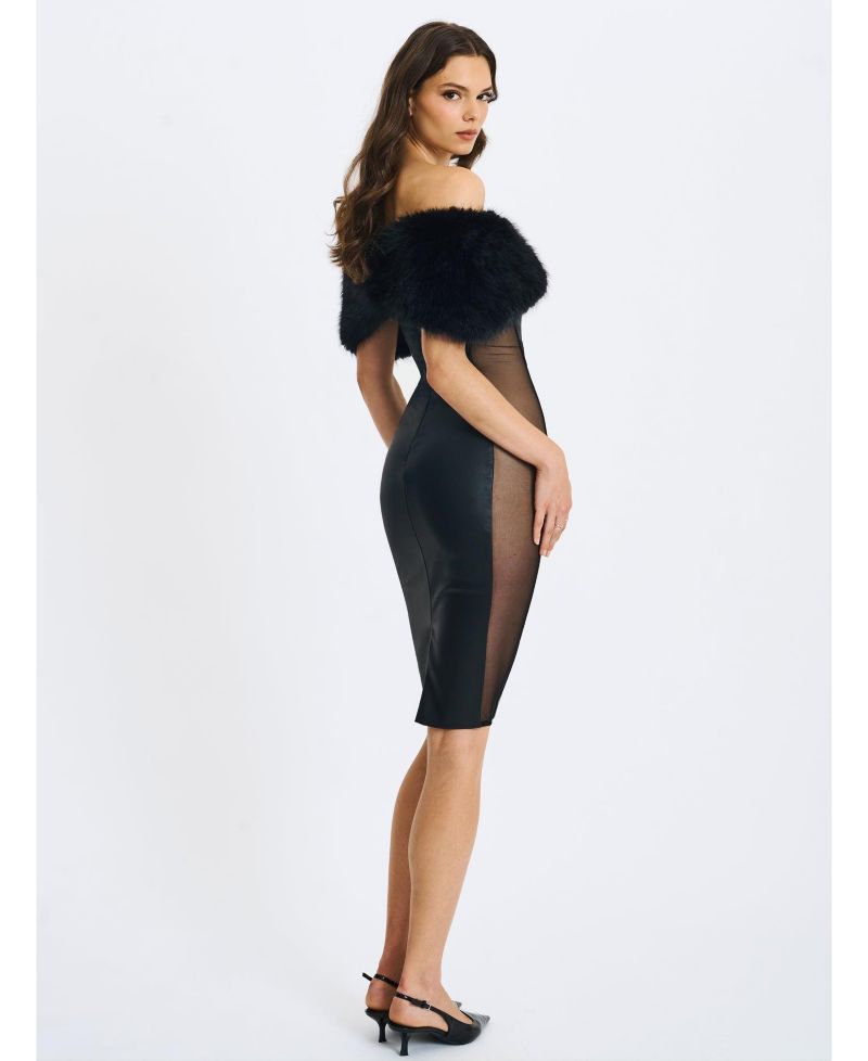 Women Bellis Black Fur Trim Mesh Panel Off-Shoulder Midi Dress