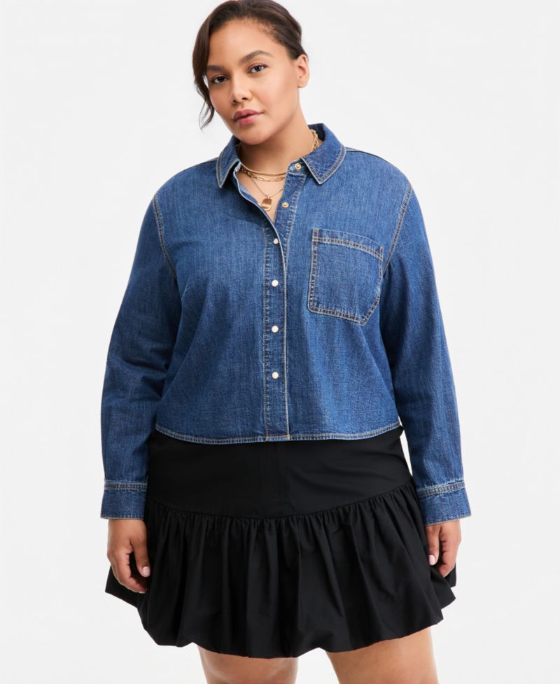 Trendy Plus Size Long-Sleeve Cropped Denim Shirt