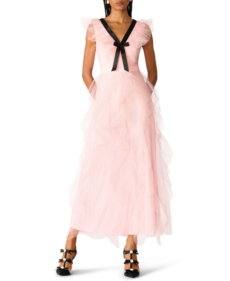 x Paris Hilton Juniors' Cascading Tulle Contrast Bow V-Neck Maxi Dress