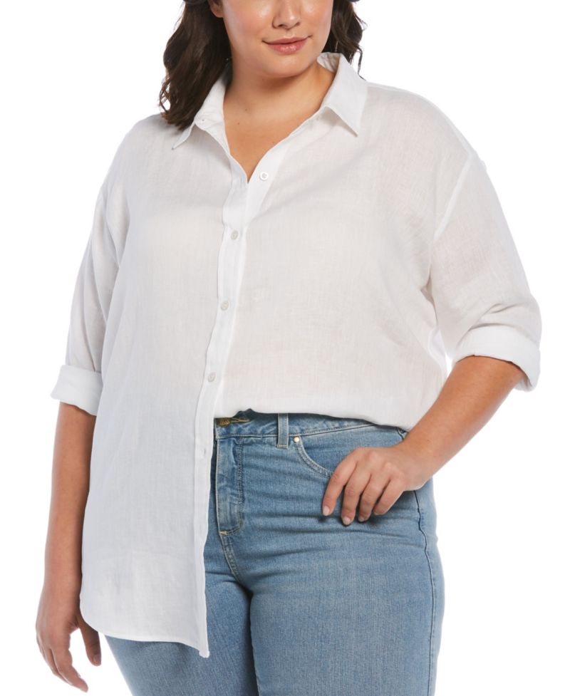Plus Size 100% Linen Easy Long Sleeve Button-Down Shirt