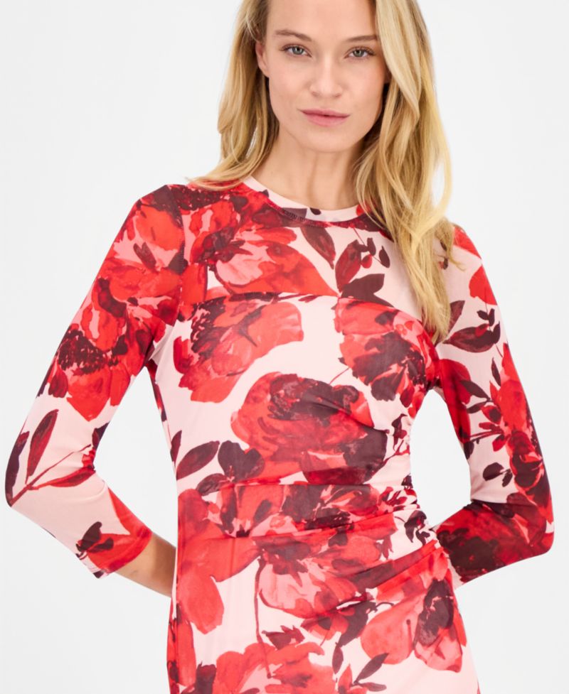 Women's Side-Ruched 3/4-Sleeve Midi Dress