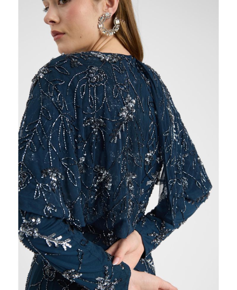 Women's Modest Embellished Sequin Beaded Dress Maxi With Attached Cape