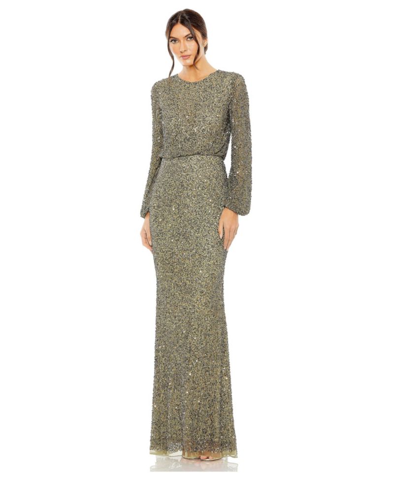 Women's High Neck Long Sleeve Beaded Blouson Gown