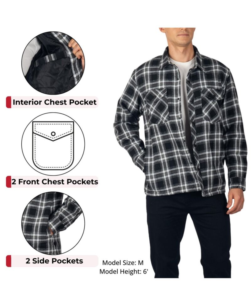 Men's Henry Quilted Flannel Shirt Heavyweight Warm Plaid Snap Front Shacket Overshirt