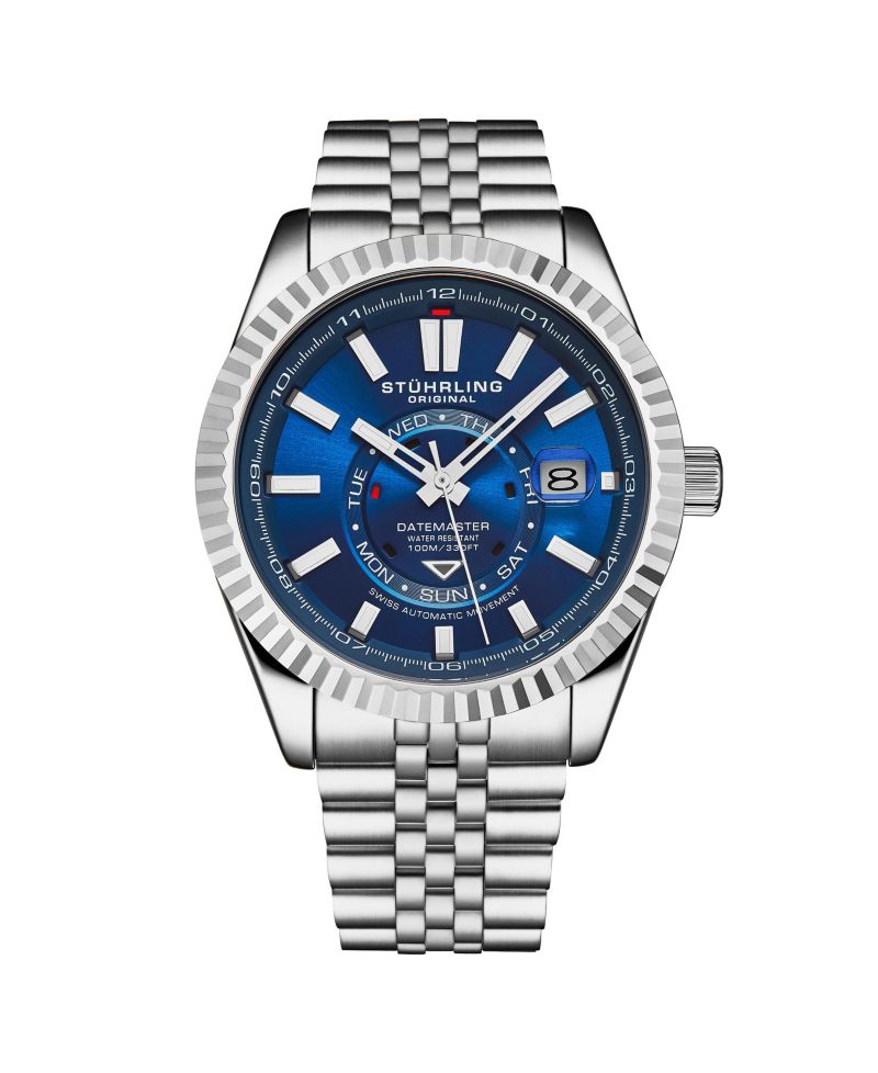 Datemaster II Men s Swiss Automatic 42mm Stainless Steel Watch, Blue Dial, Fluted Bezel, Day & Date, 100M Water Resistant