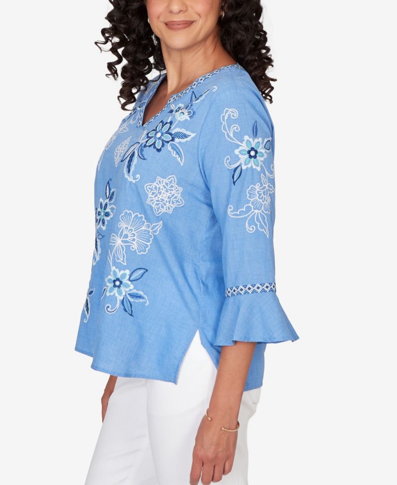 Petite Mykonos Floral Textured Embroidered Split Neck Top