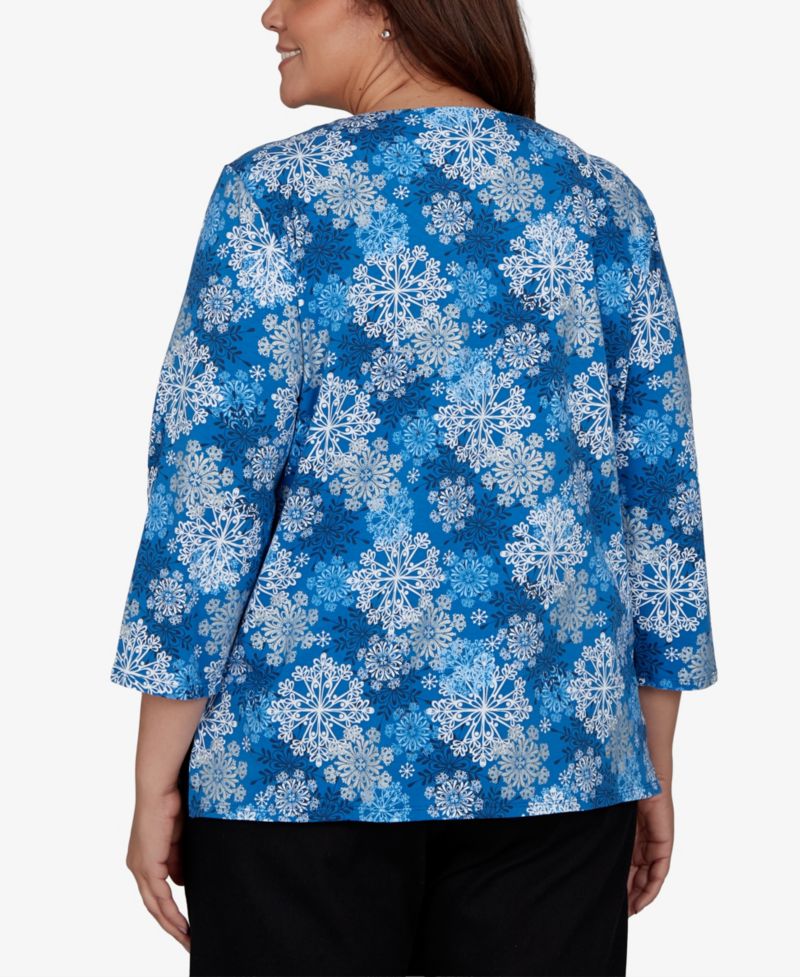 Plus Size Snowflake-Print 3/4-Sleeve Knit Top