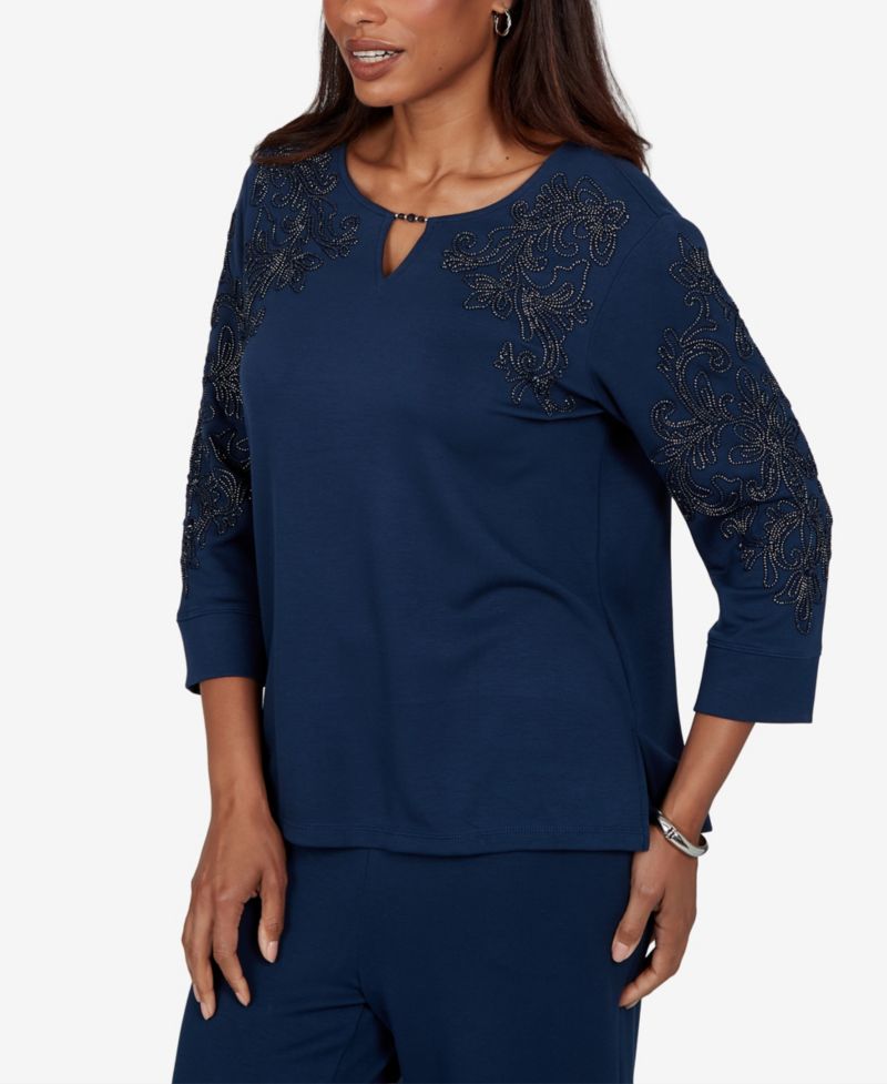 Petite Embellished Keyhole Neck 3/4-Sleeve Top