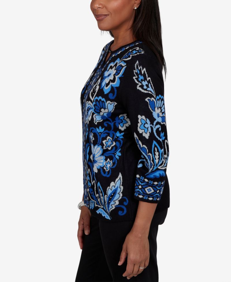 Women's 3/4-Sleeve Keyhole-Neck Floral-Print Pullover
