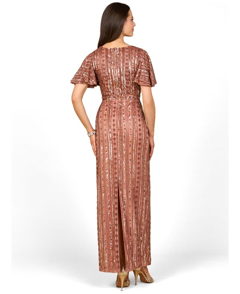 Women's Fully Beaded Gown with Flutter Sleeves