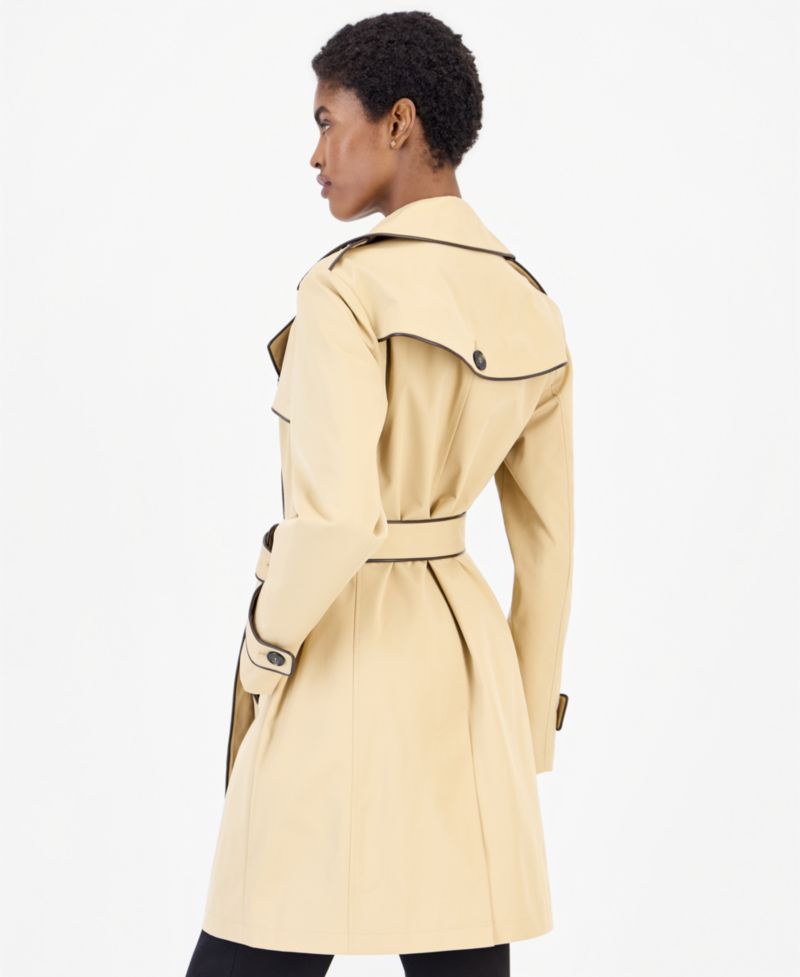 Women's Faux Leather-Trim Button-Front Trench Coat
