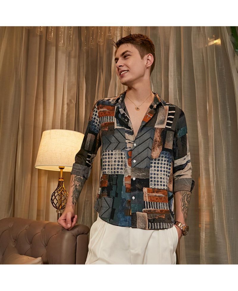 Men's Indigo Blue & Coffee Brown Earthy-Abstract Shirt