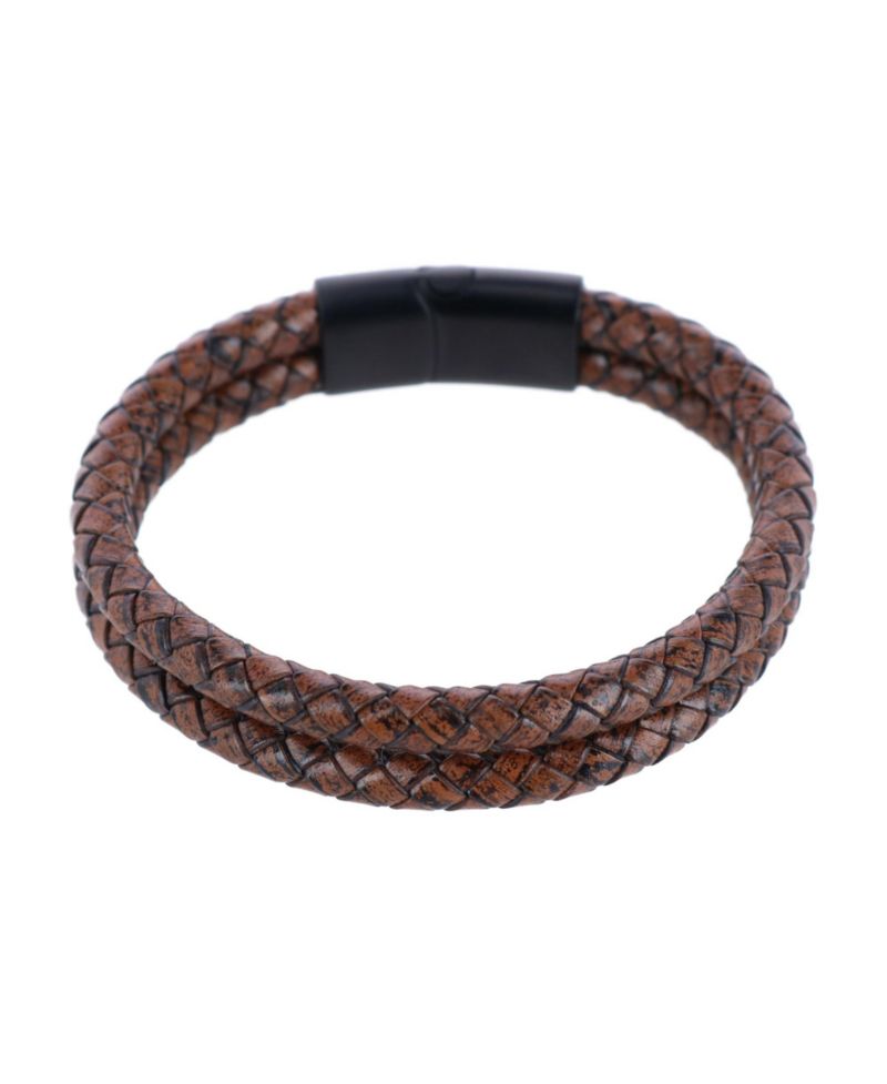 Simple Double Band Braided Secure Clasp Leather Bracelet