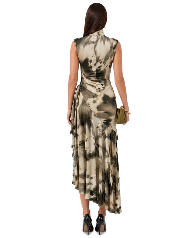 Women's Mock-Neck Asymmetrical-Ruffle Midi Dress