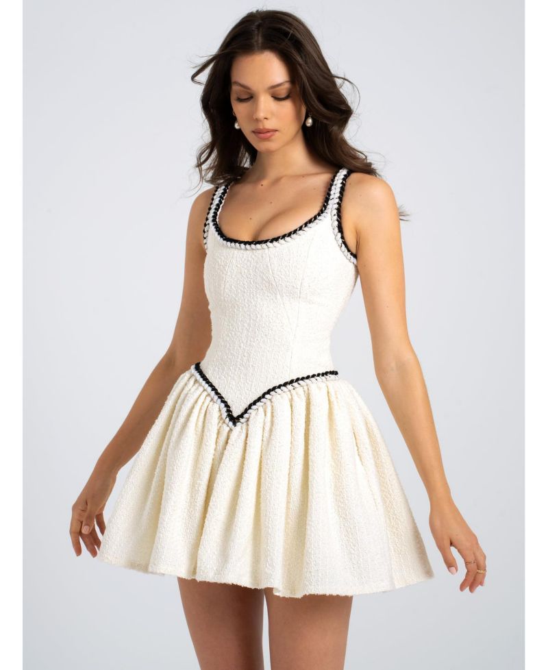 Women's Coco White Boucle Tweed V Waist Mini Dress