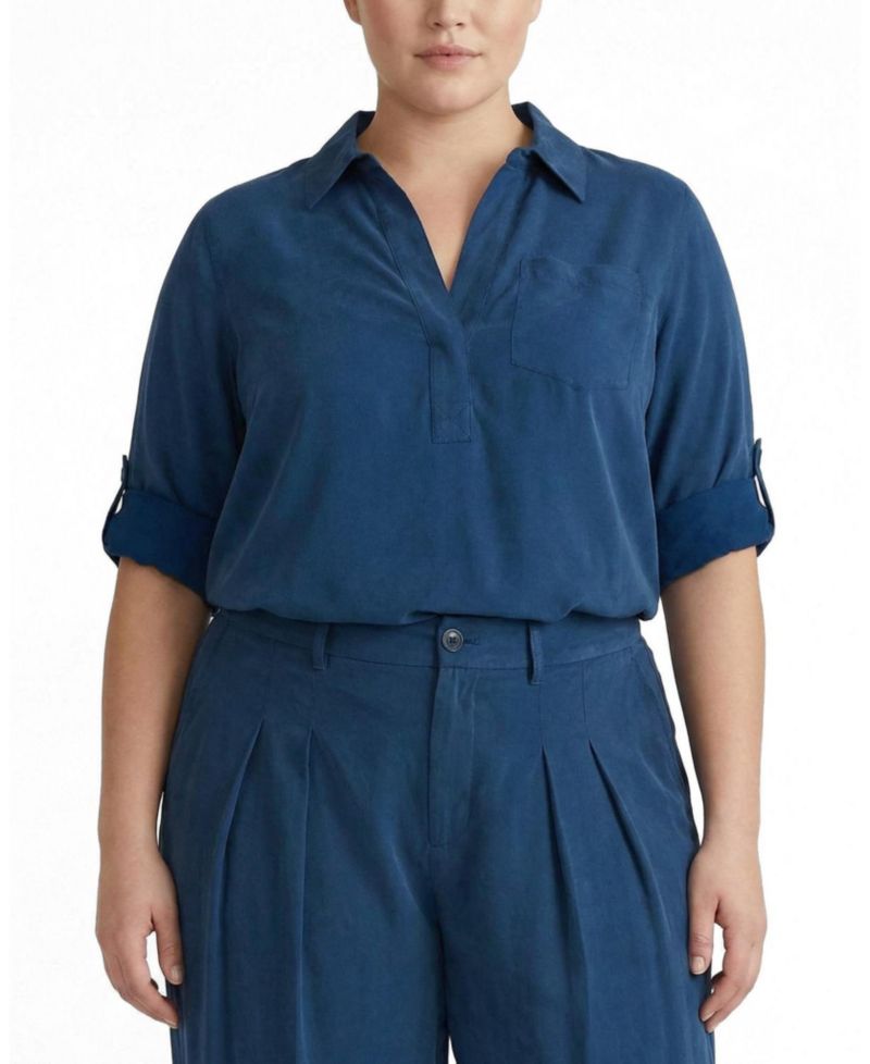 Plus Size Button Back Stretch Cupro Polo Shirt
