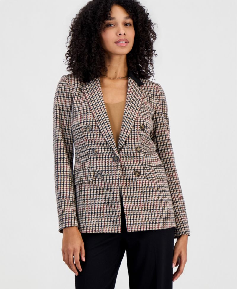 Women's Plaid Faux Double-Breasted Notch Collar Blazer