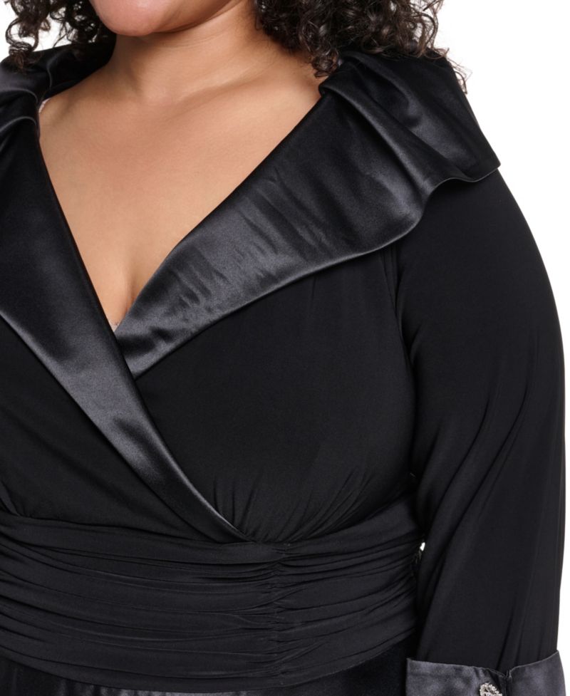 Plus Size V-Neck 3/4 Rhinestone Cuff Satin Dress