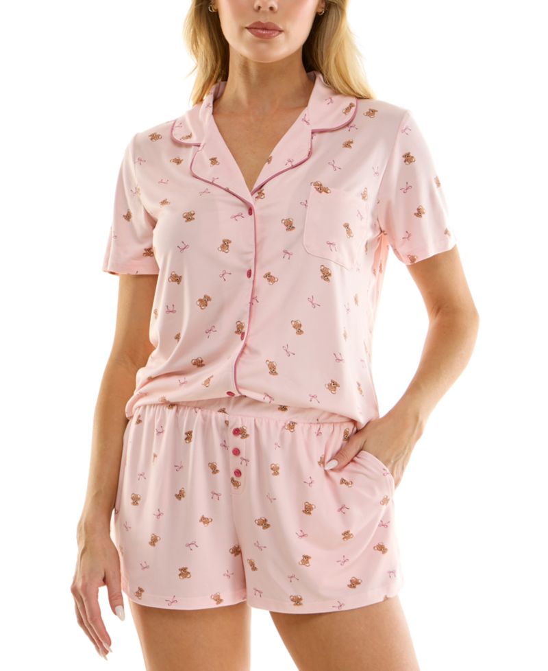 Women's Notch Collar Top and Pajama Shorts, 2-Piece Set