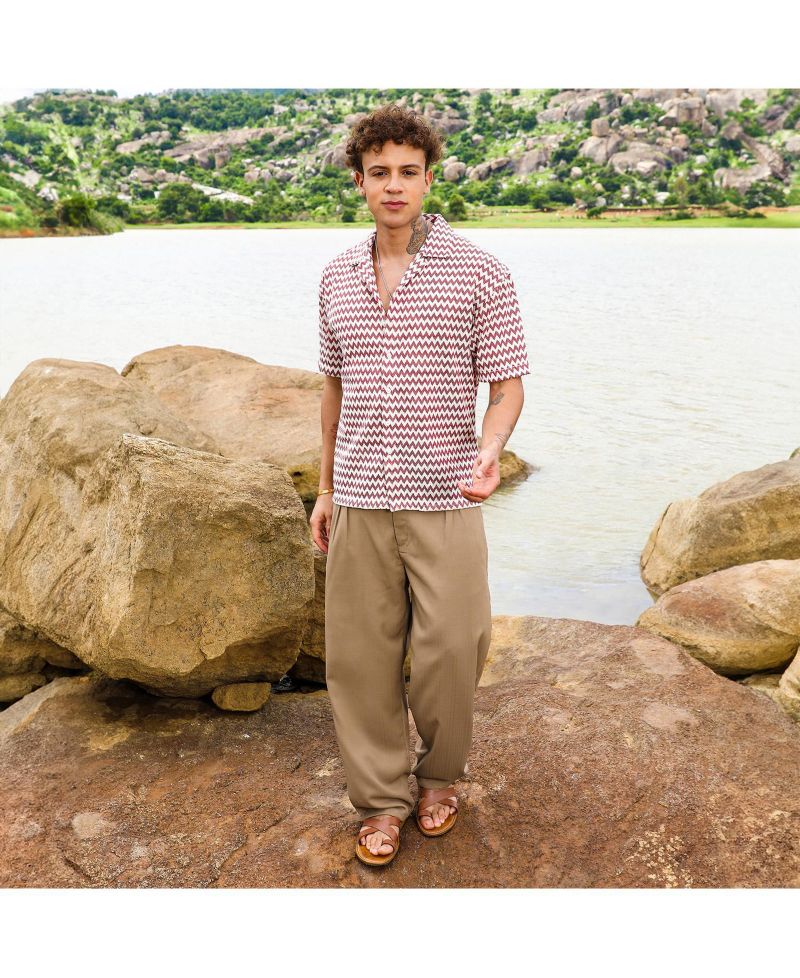 Men's Terracotta Brown & Powder White Chevron-Striped Oversized Shirt