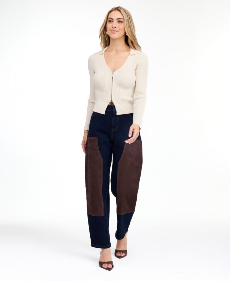 Women's Zip Sweater V-Neck Ribbed-Knit Sweater