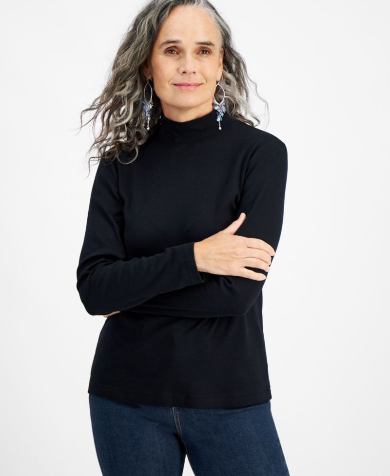 Petite Mock-Neck Cotton Long-Sleeve T-Shirt