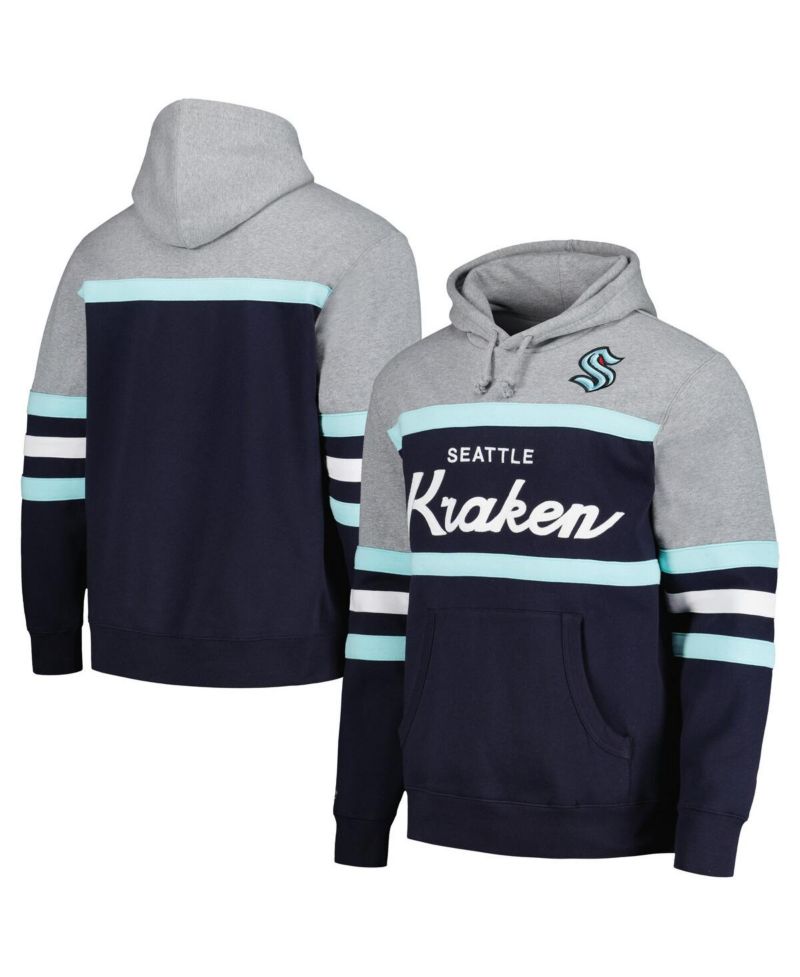 Men's Deep Sea Blue, Gray Seattle Kraken Head Coach Pullover Hoodie