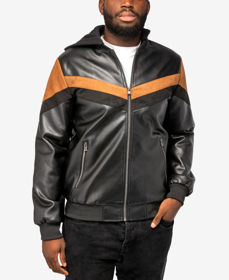 XRAY Men's Shiny PU Hooded Jacket With Faux Suede Detailing And Faux Shearling Lining