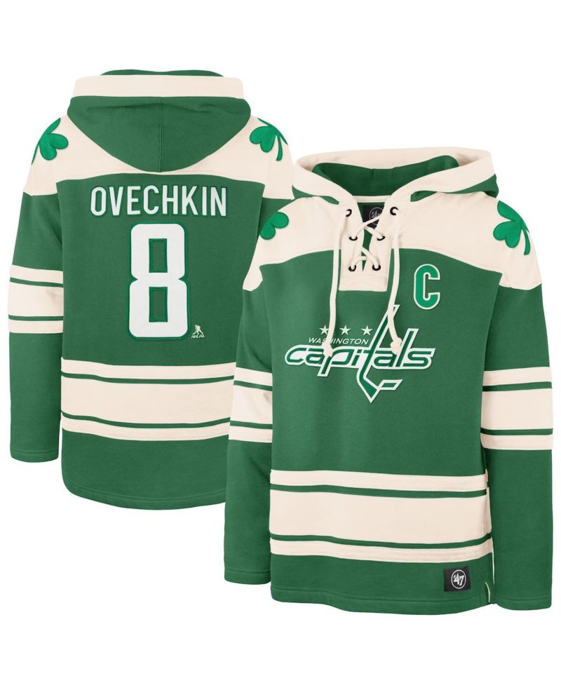 47 Brand Men's Alexander Ovechkin Kelly Green Washington Capitals St. Patrick's Day Player Name & Number Lacer Pullover Hoodie