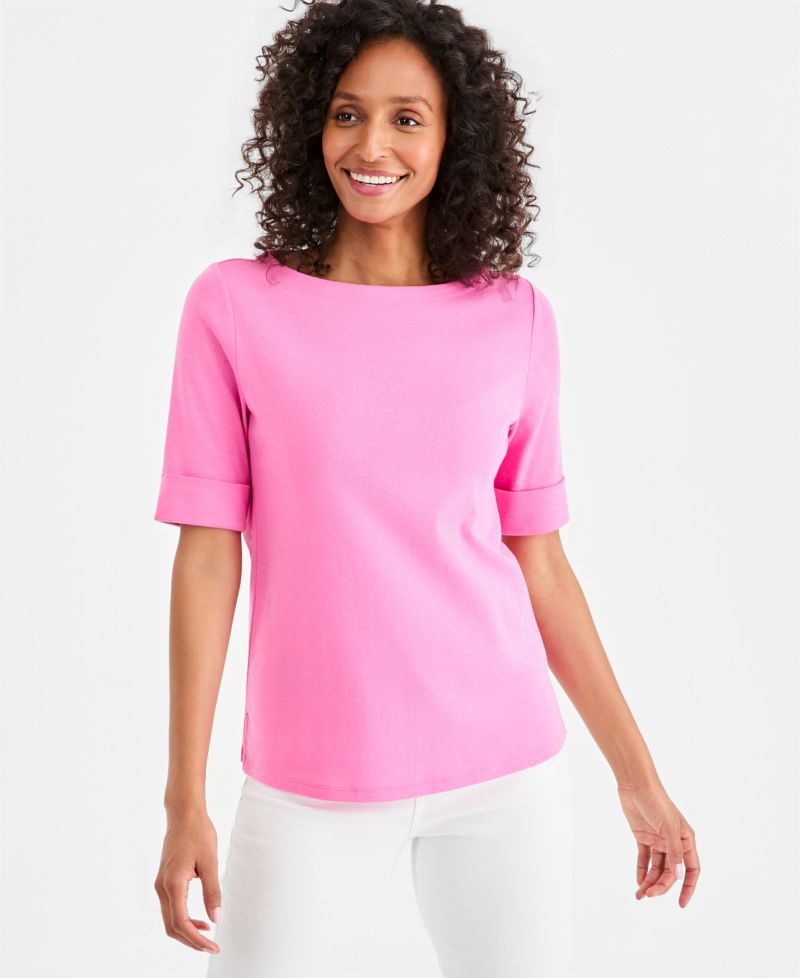 Petite Cotton Elbow-Sleeve Boat-Neck Top