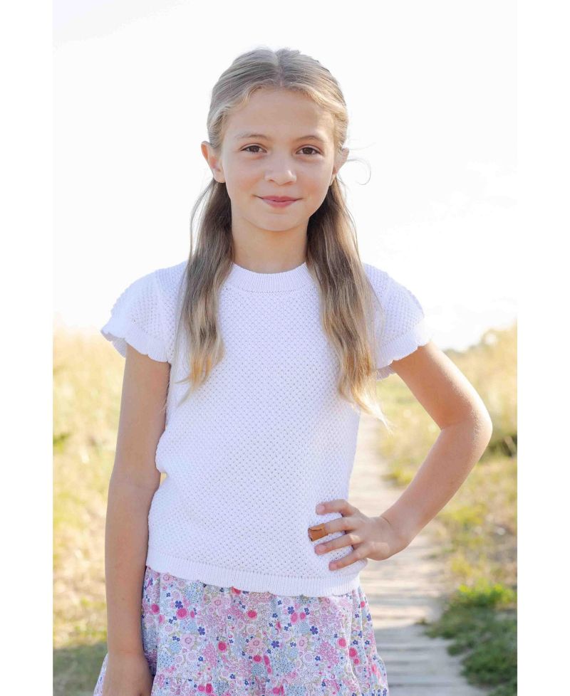 Big Girls Short Sleeve Sweater with Scallop Edges