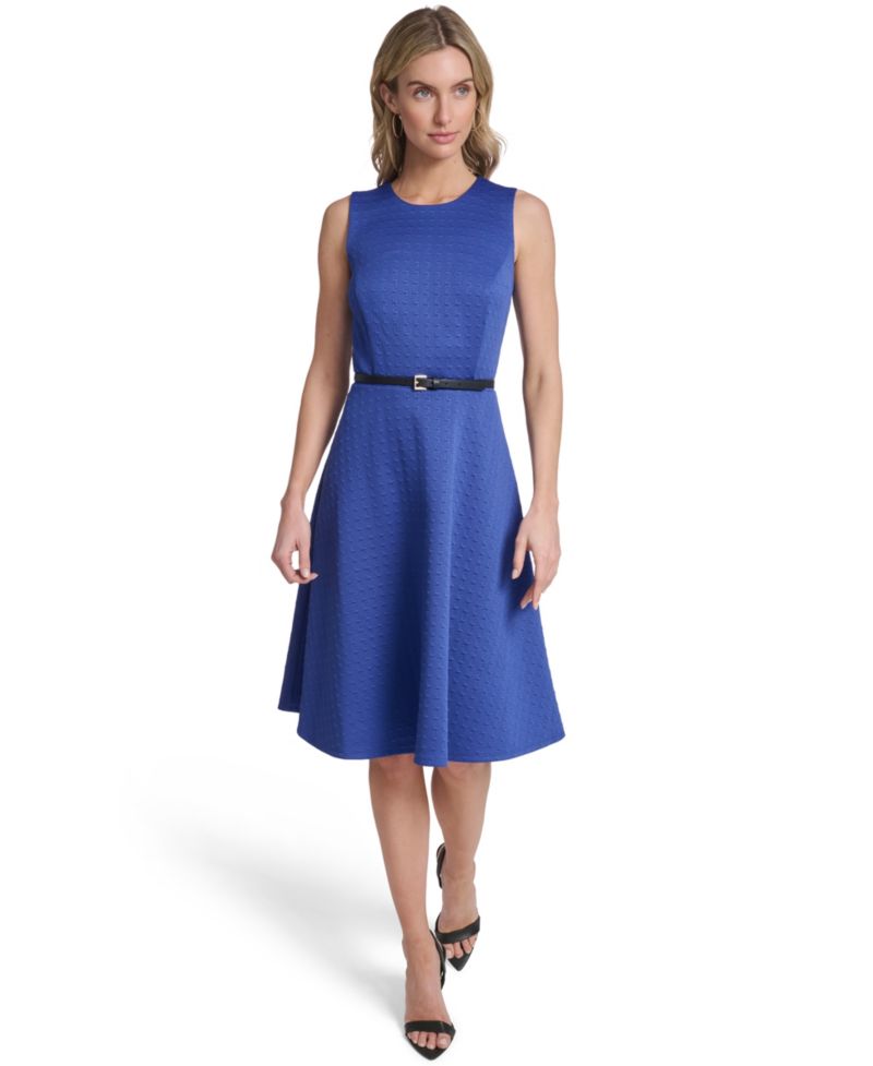Women's Sleeveless Belted Midi Fit and Flare Dress