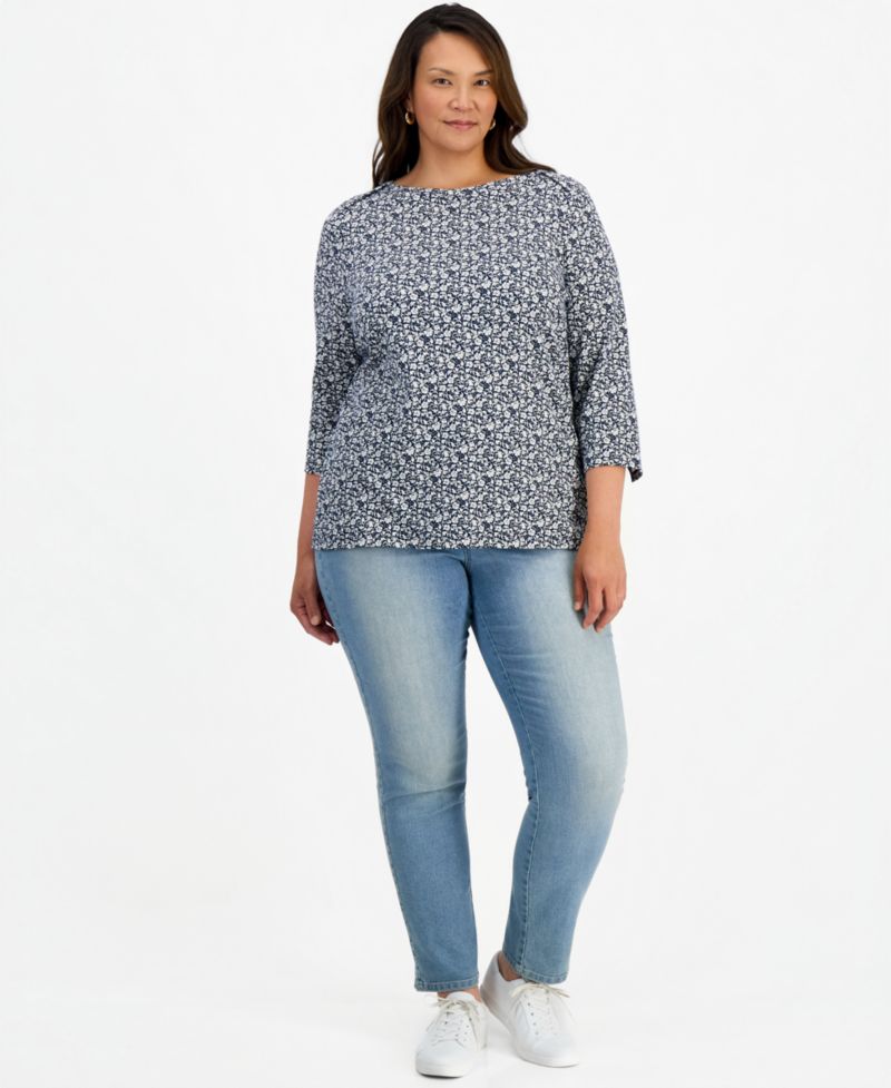 Plus Size Printed 3/4 Sleeve Boat-Neck Top
