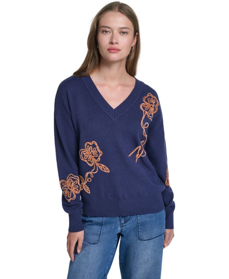 Women's Karl Floral Embroidery V-Neck Sweater