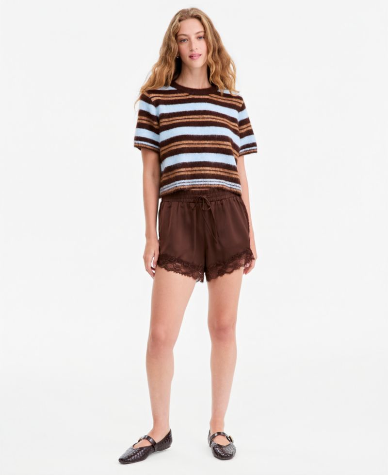 Women's Short-Sleeve Striped Brushed Crop Sweater